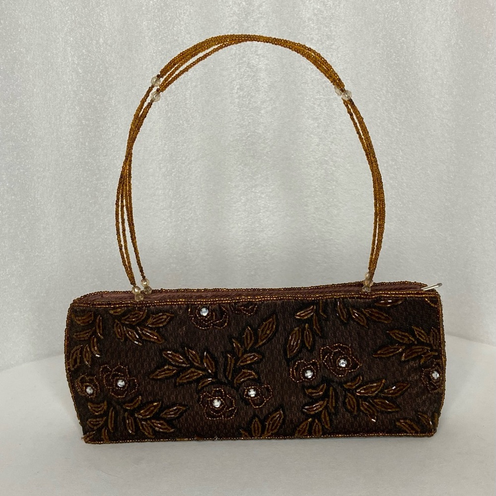Beaded Handbag Brown Floral Design with Zipper Closure